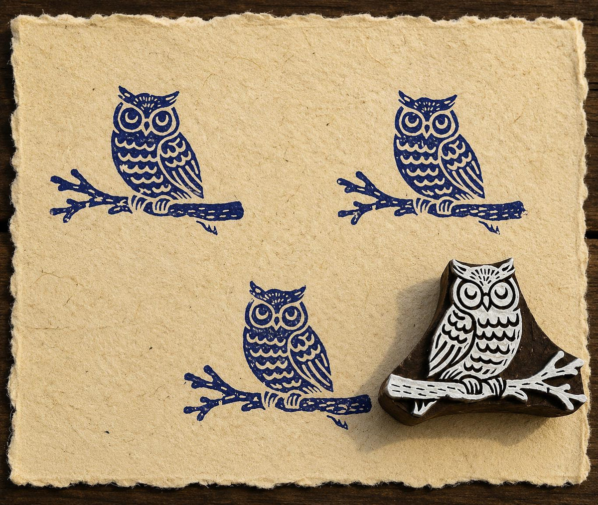 Hand-carved Branch Perched Owl wooden printing block with blue owl impressions on textured handmade paper.