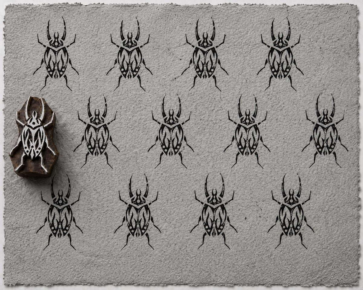Hand carved Tribal Beetle wooden printing block with geometric beetle pattern printed on textured handmade grey paper.