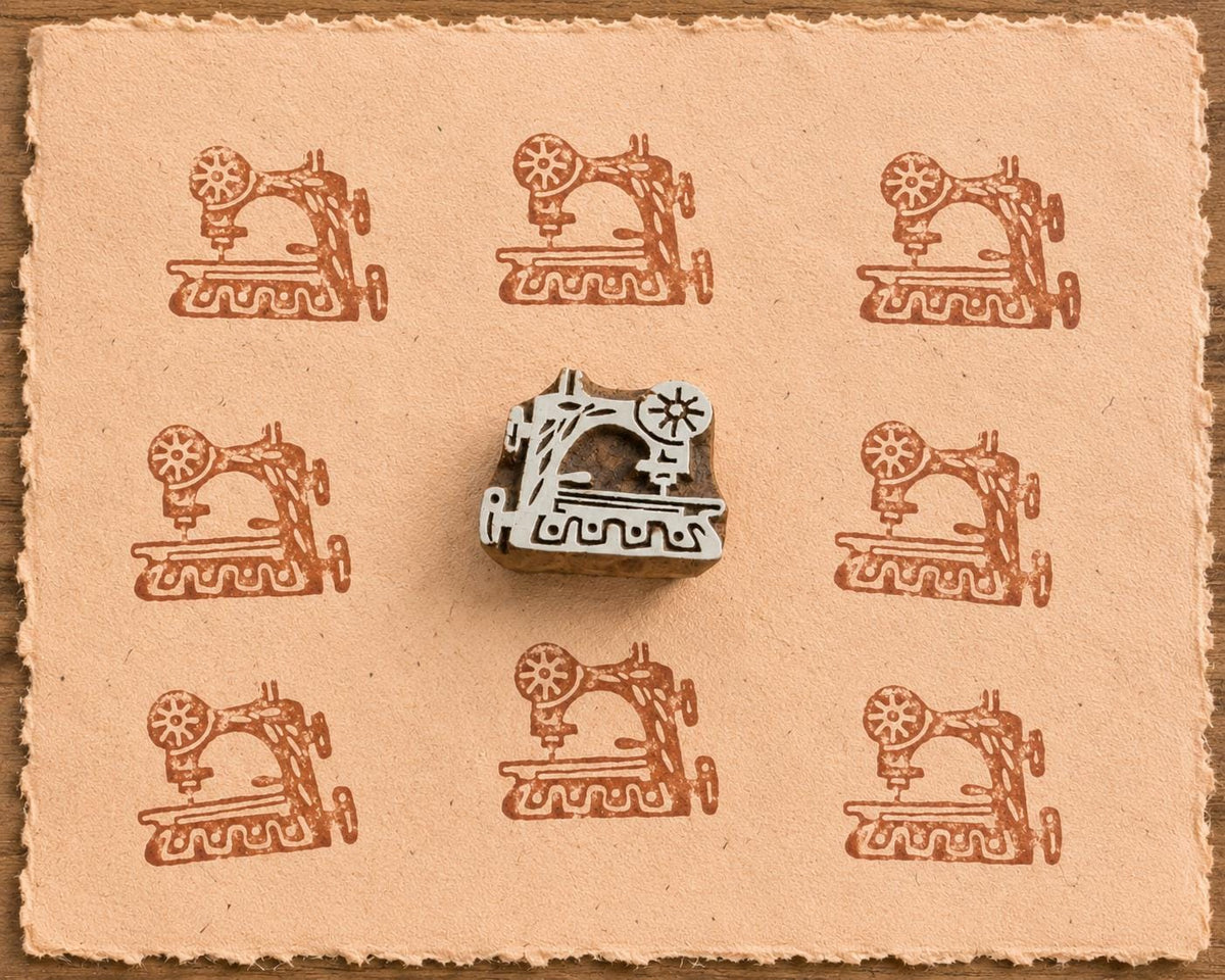 Hand-carved vintage sewing machine wooden printing block surrounded by repeated terracotta sewing machine impressions on peach handmade paper.
