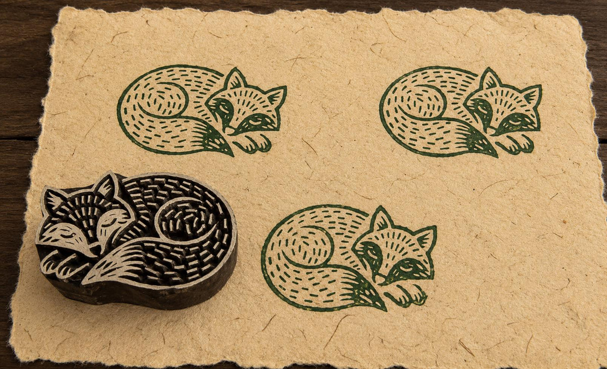 Hand-carved Sleeping Fox wooden printing block with green fox impressions on natural handmade paper.