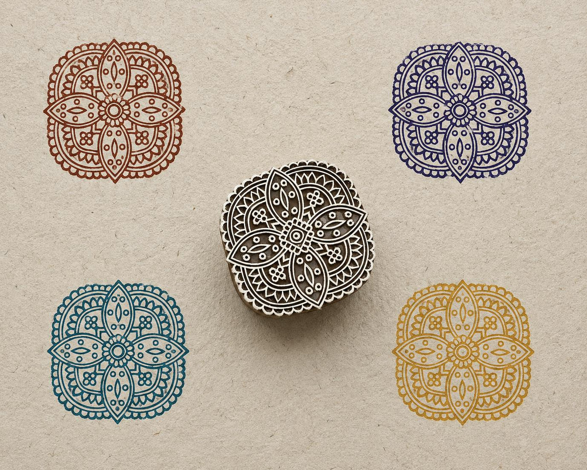 Hand carved wooden block printing symmetrical four petal mandala pattern in various colours