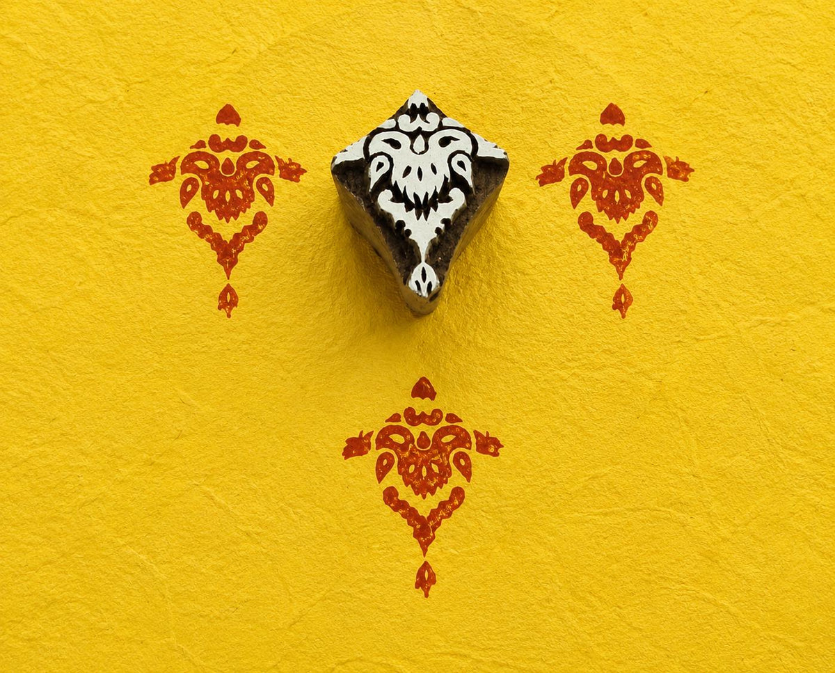 Hand carved Royal Damask wooden printing block with traditional Indian ornamental pattern stamped on handmade paper for fabric printing, textile design, pottery, clay and paper crafts.