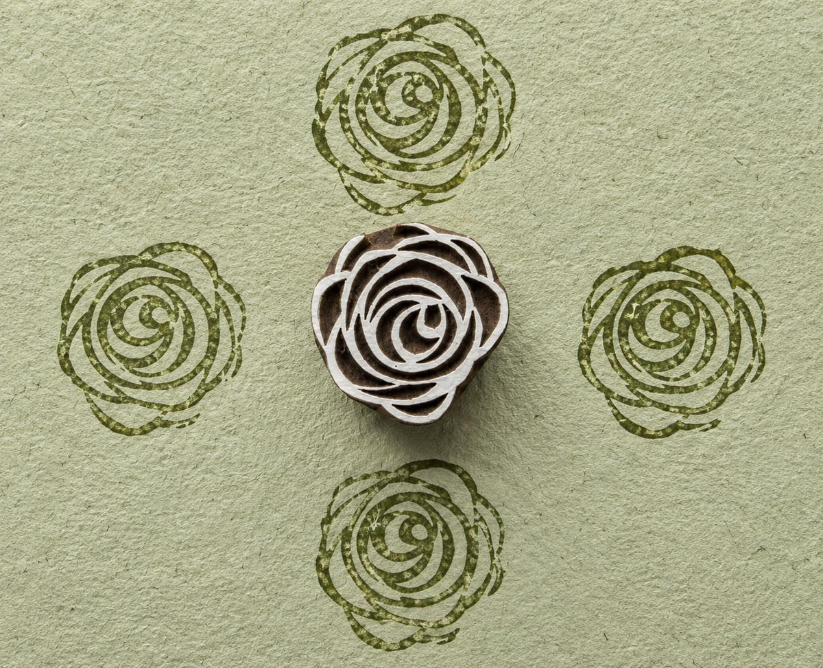 Hand carved wooden rose stamp for block printing on fabric and paper