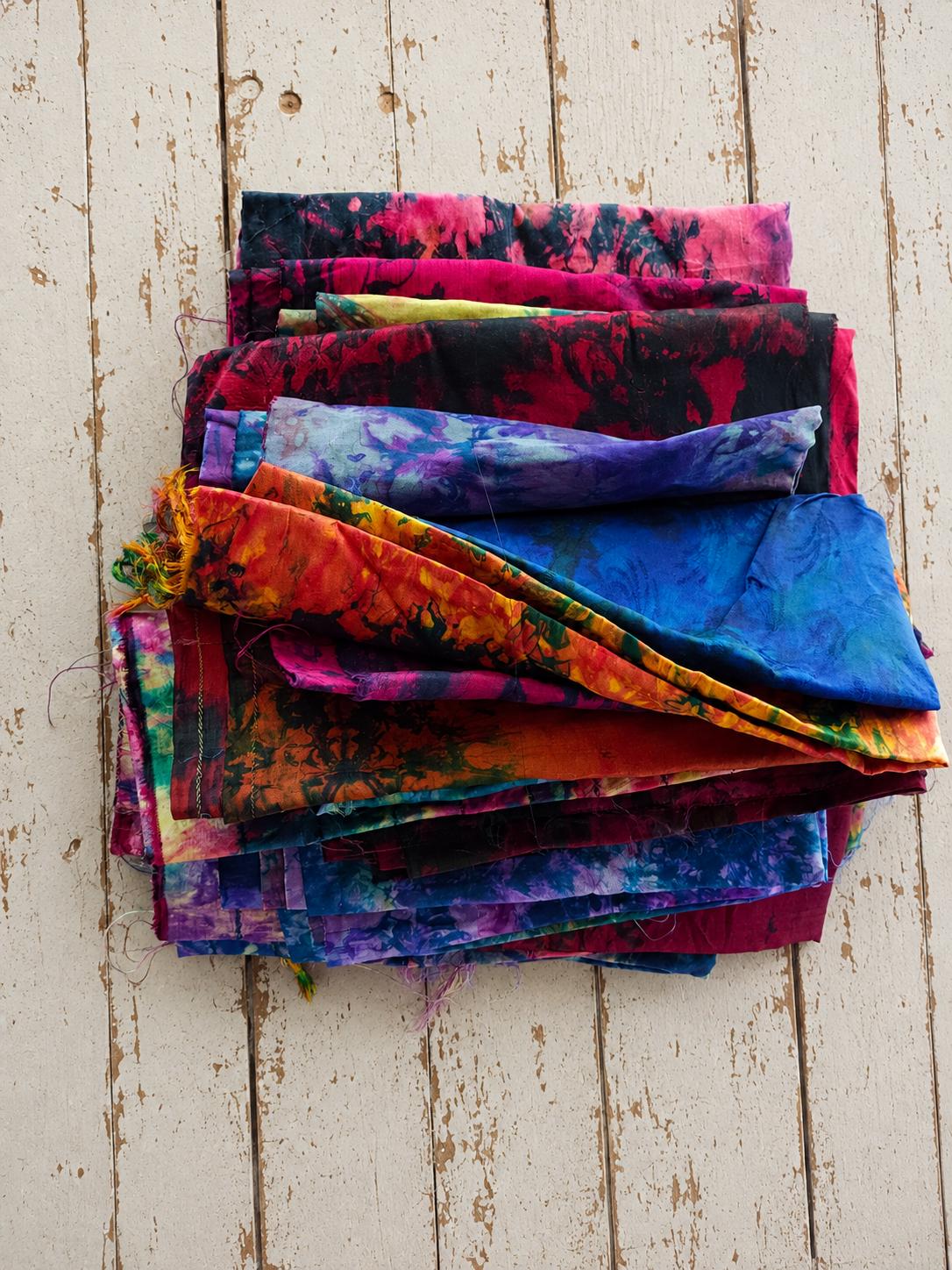 Tie-dyed recycled sari silk fabric pieces for quilting textile art and crafts