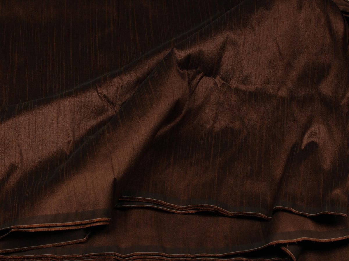 Chocolate brown faux dupioni fabric showing its rich colour and textured woven surface