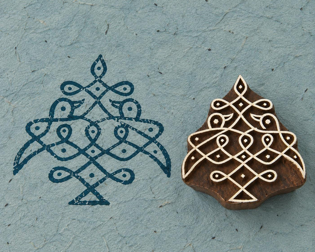 Intricate symmetrical Indian rangoli pattern printed in dark blue beside a hand carved wooden printing block on textured blue handmade paper.