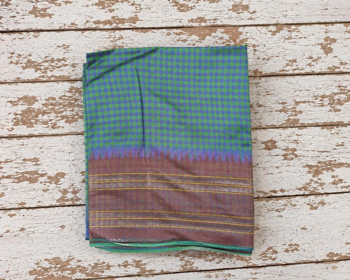 Vintage pure silk saree fabric in green and blue checks with mauve and gold decorative border and stitched edge