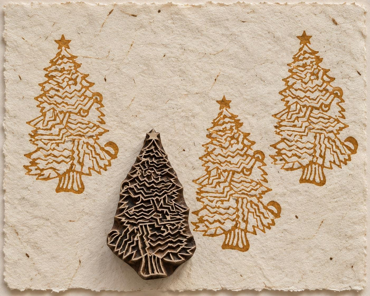Folk Christmas Tree hand carved wooden printing block with repeated ochre tree impressions on handmade paper.