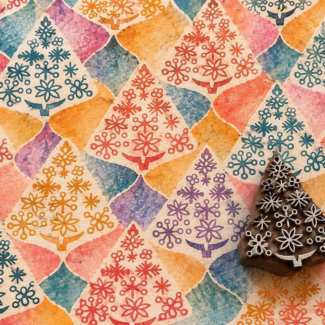 Hand carved Indian wooden Christmas tree printing block filled with snowflake and geometric motifs, shown with colourful repeated tree impressions on handmade paper