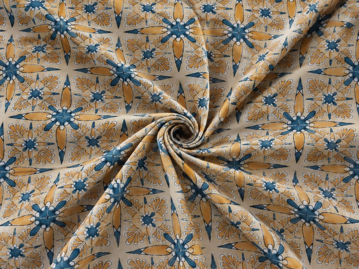 Folk Bloom repeating floral and geometric pattern on soft mulmul cotton fabric