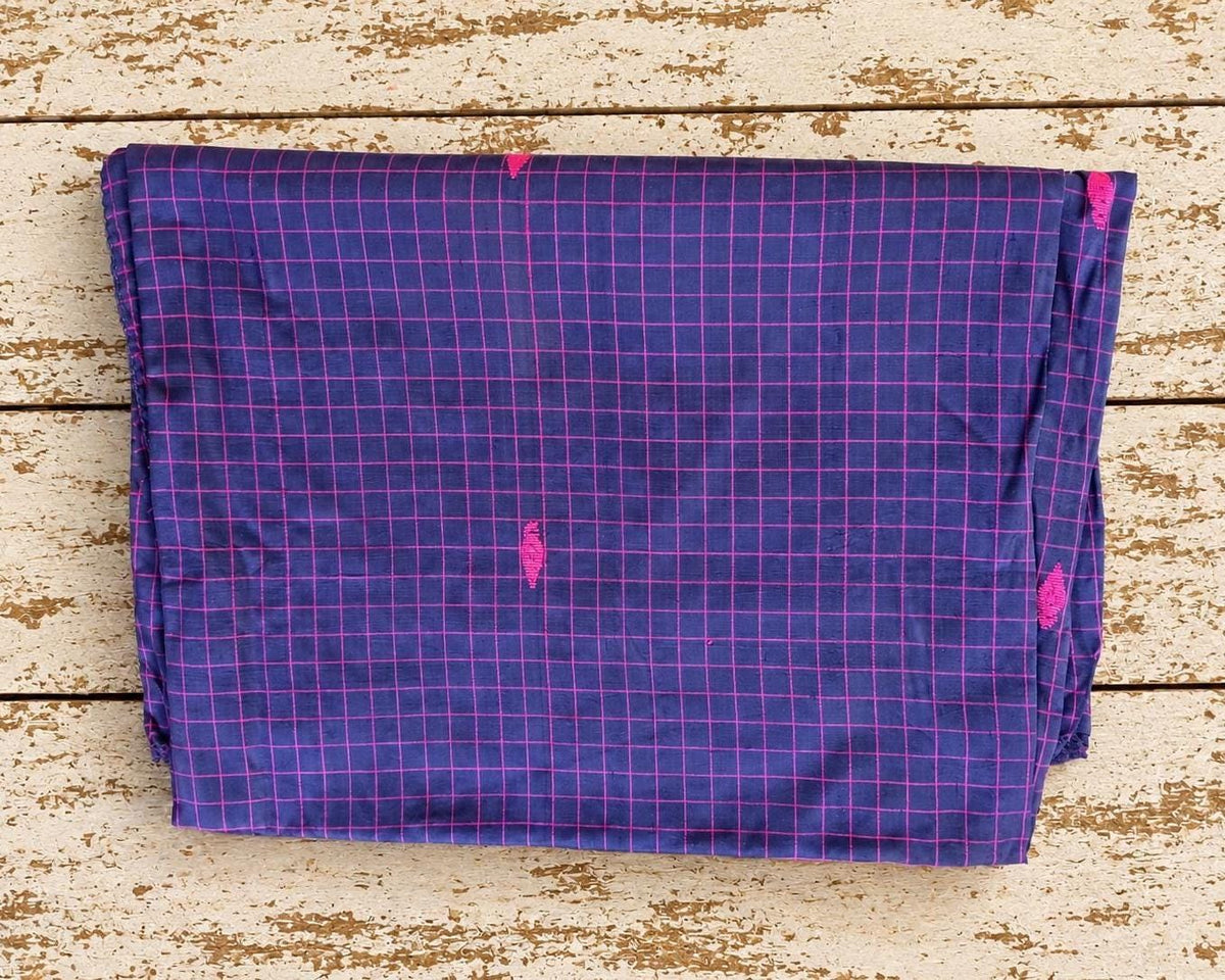 Vintage Sari Silk Remnant, Indigo Blue Pink Grid Textile, Stitched Edges, Recycled Indian Fabric