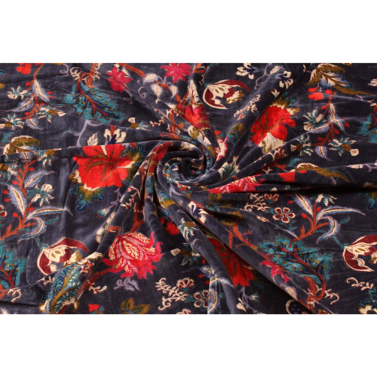 Folded dark blue velvet showing red-orange floral details