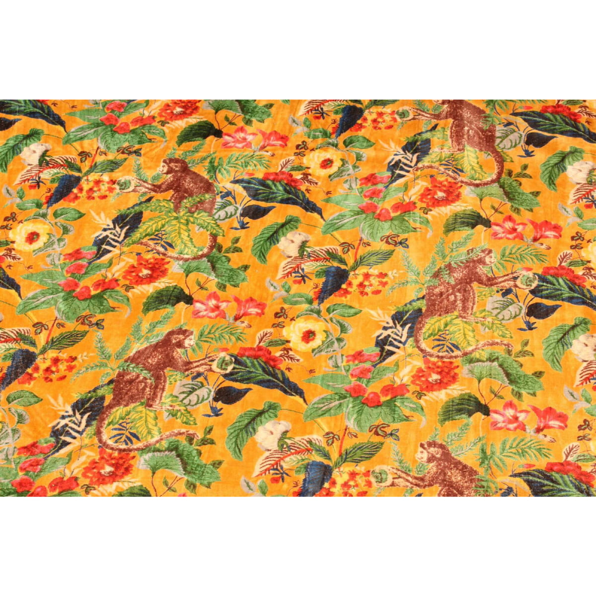 Mustard cotton velvet with monkey and colorful foliage – flatlay view