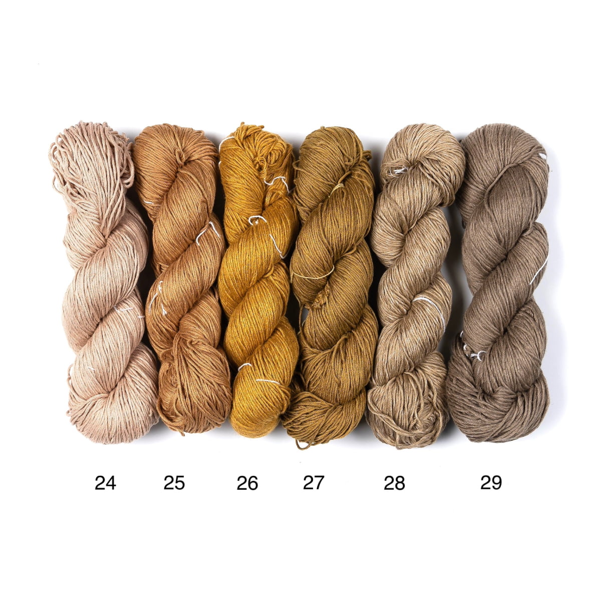 Mercerized Cotton Yarn – six shades of brown, beige, and coffee tones, soft mercerized cotton skeins.