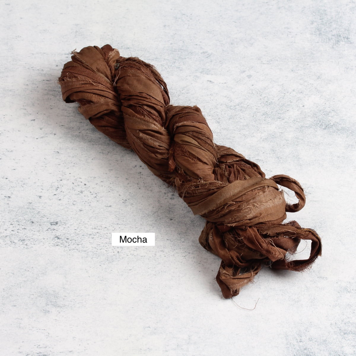 Mocha sari silk ribbon — mid-brown shade recycled sari silk, 50g skein for textile art and gift wrapping