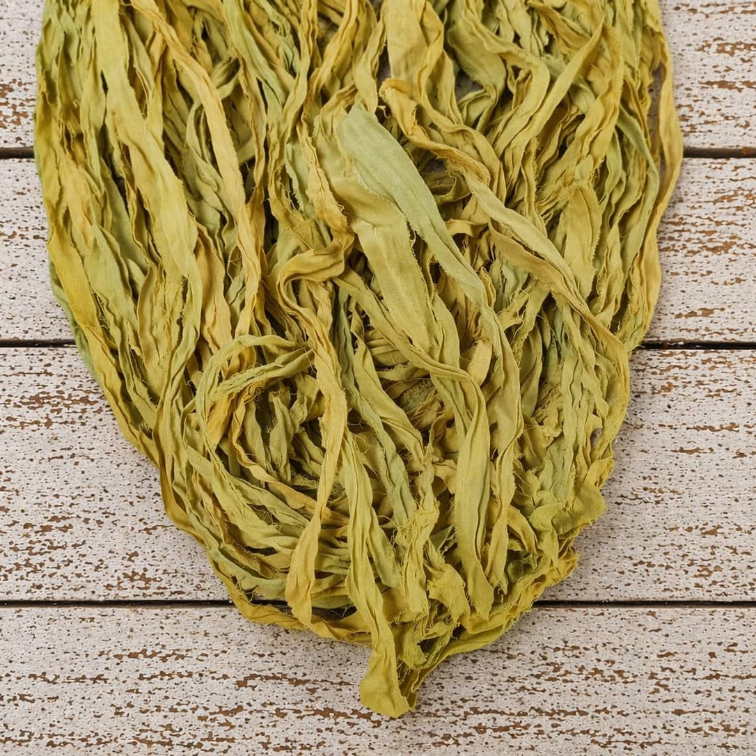 Olive moss chiffon silk ribbon yarn full length in earthy green tones