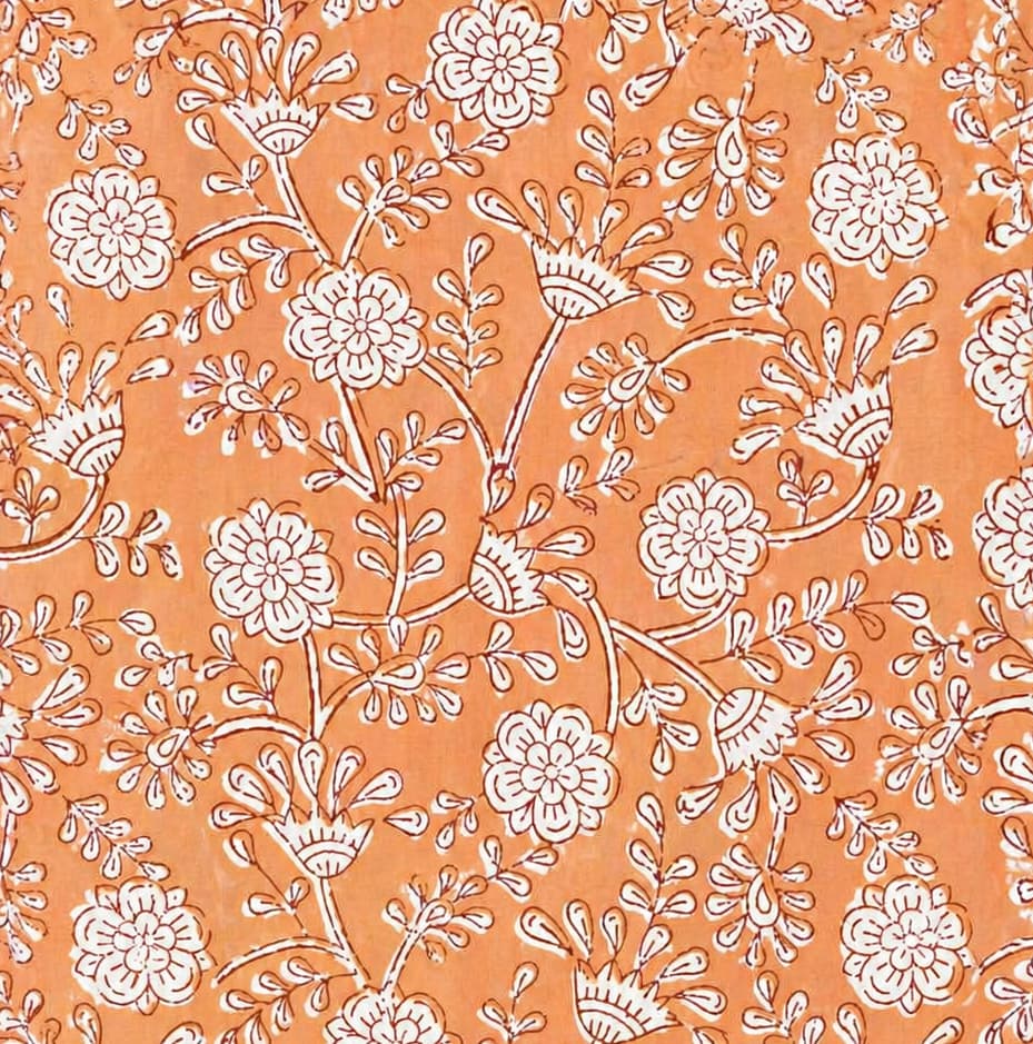 Apricot and white floral vine block printed cotton fabric detail