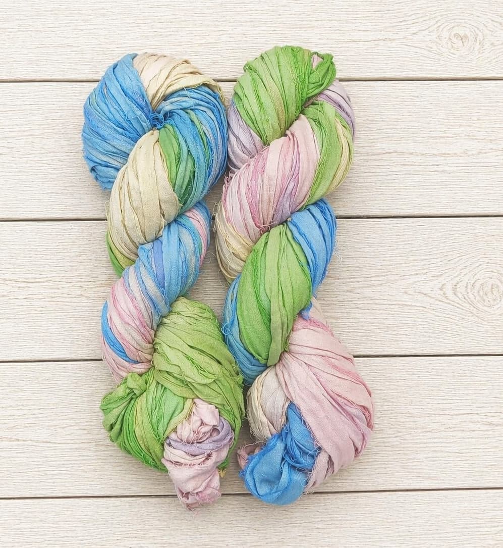 Pastel Meadow recycled sari silk ribbon yarn skeins