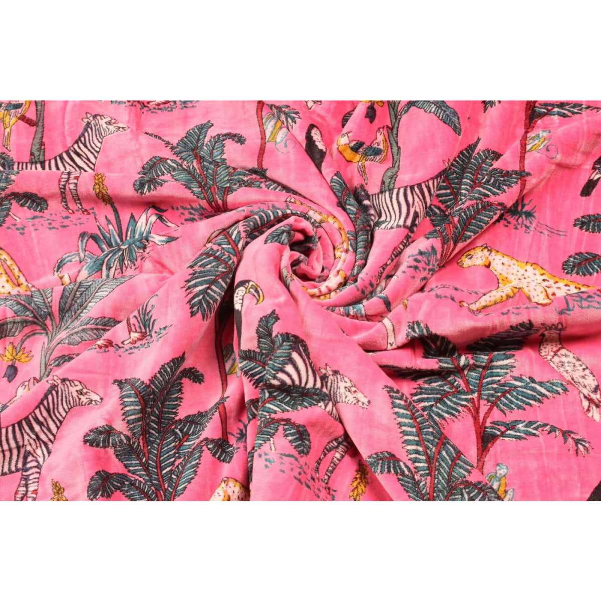 Folded pink velvet showing rich texture and forest scene pattern