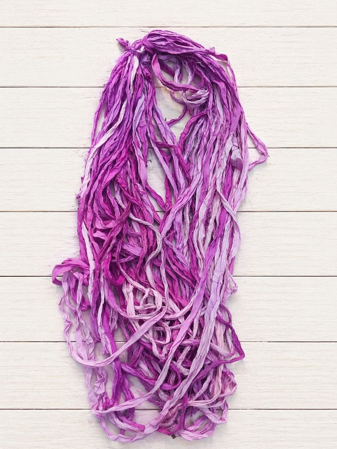 Draped Orchid Bloom recycled sari silk ribbon showing orchid color variation