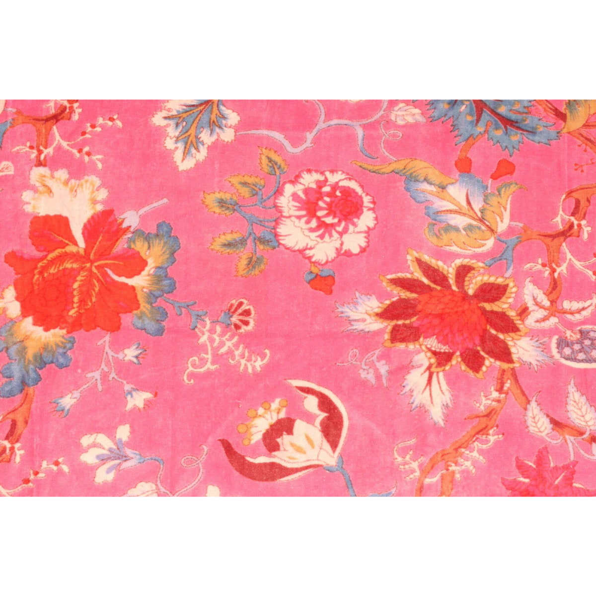 Medium pink cotton velvet with red and beige floral print – flatlay view