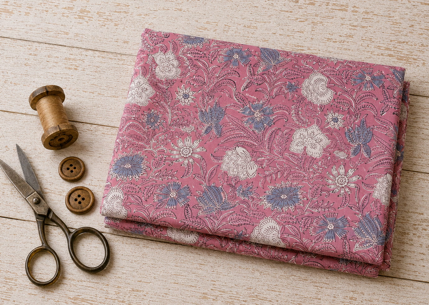 Rosewood Meadow hand block print cotton fabric in rose pink with ivory and dusty blue floral design