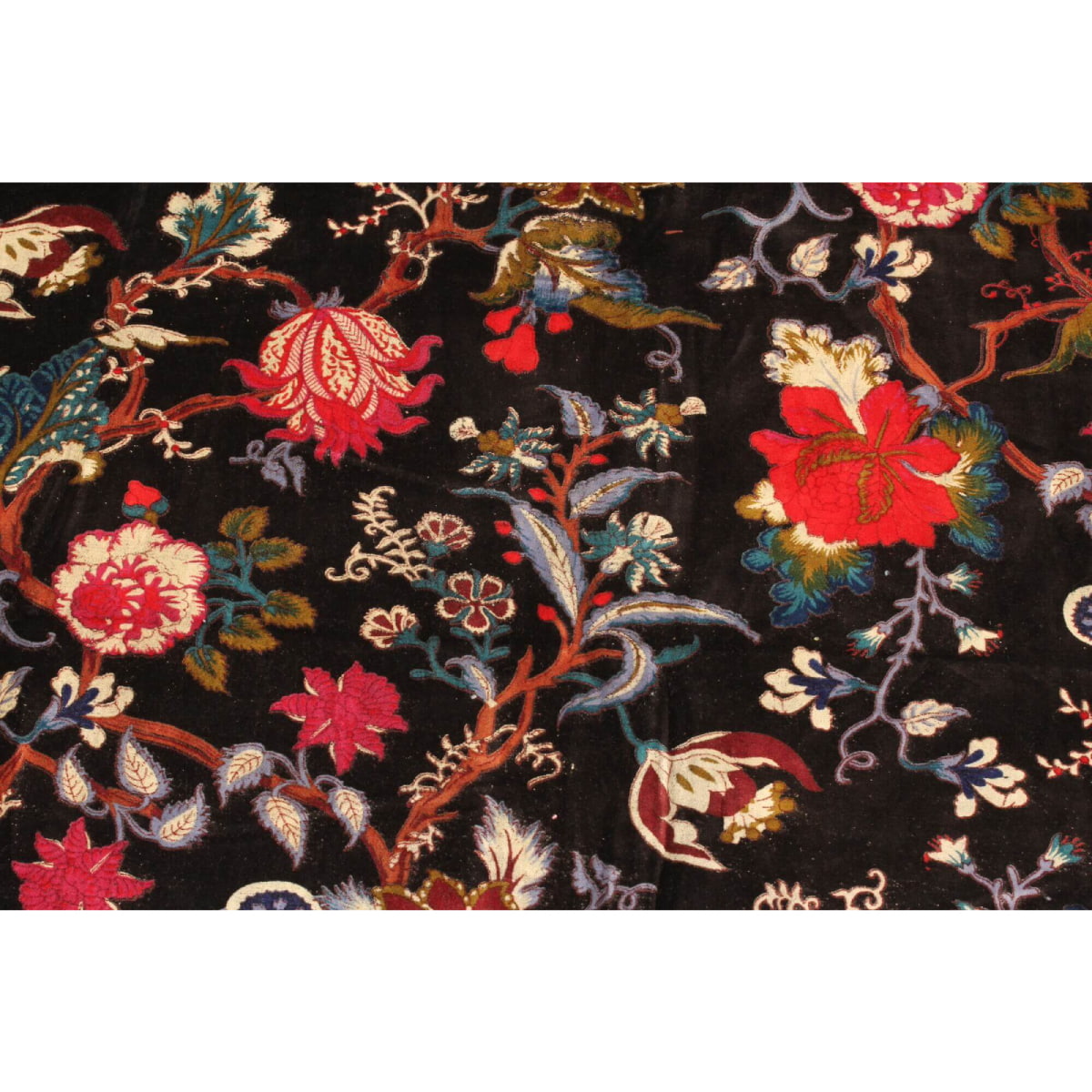 Close-up of red and maroon floral print on dark blue-black hand-printed cotton velvet
