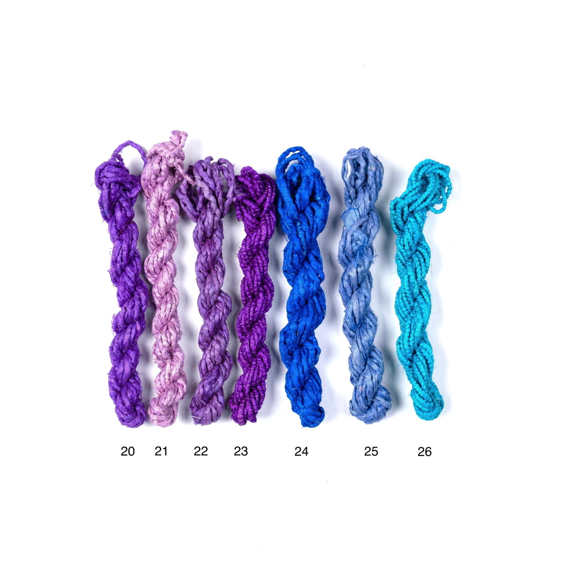 Sari silk ribbon cords in turquoise, violet, blue and purple shades for creative crafts
