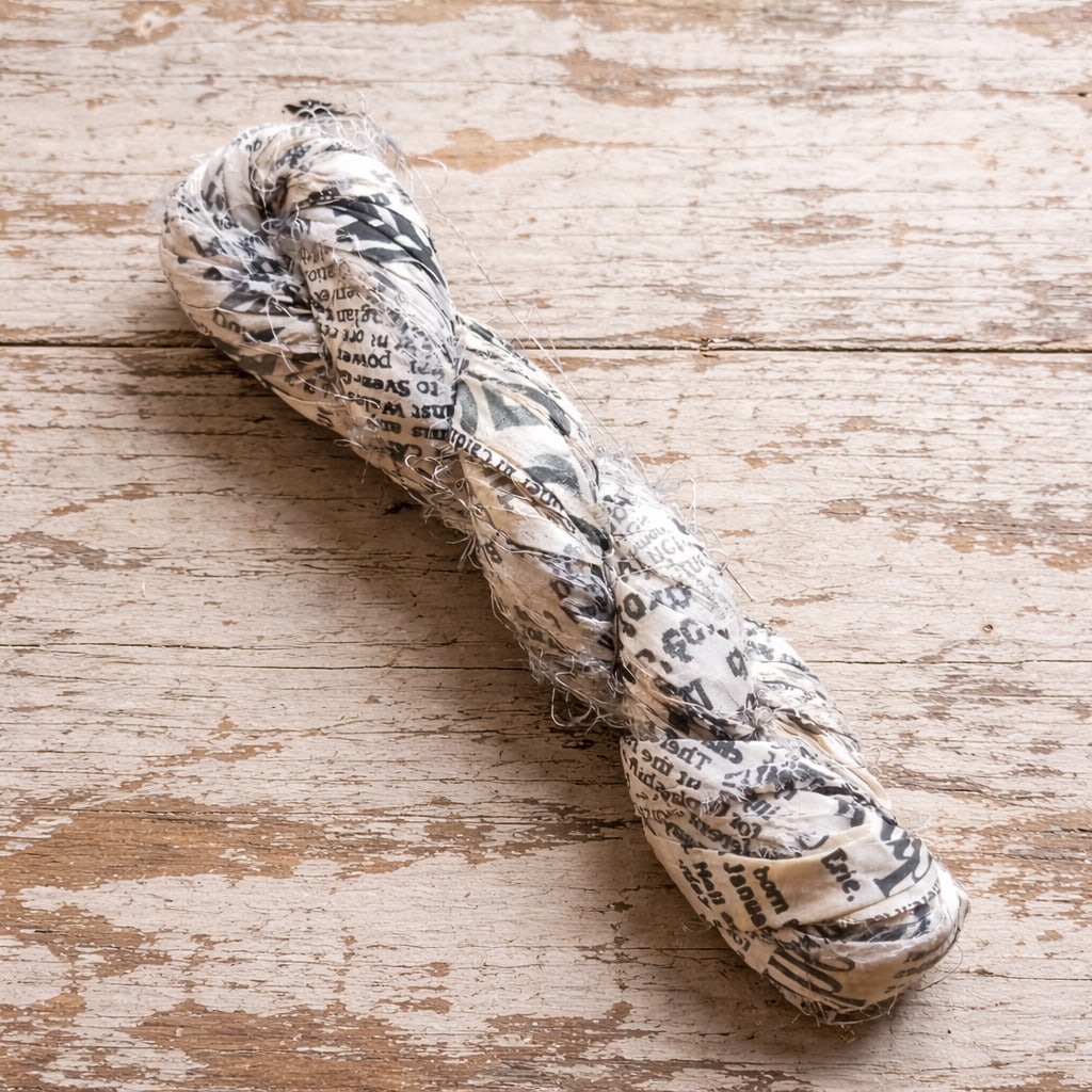 Newsprint sari silk ribbon made from recycled silk saris