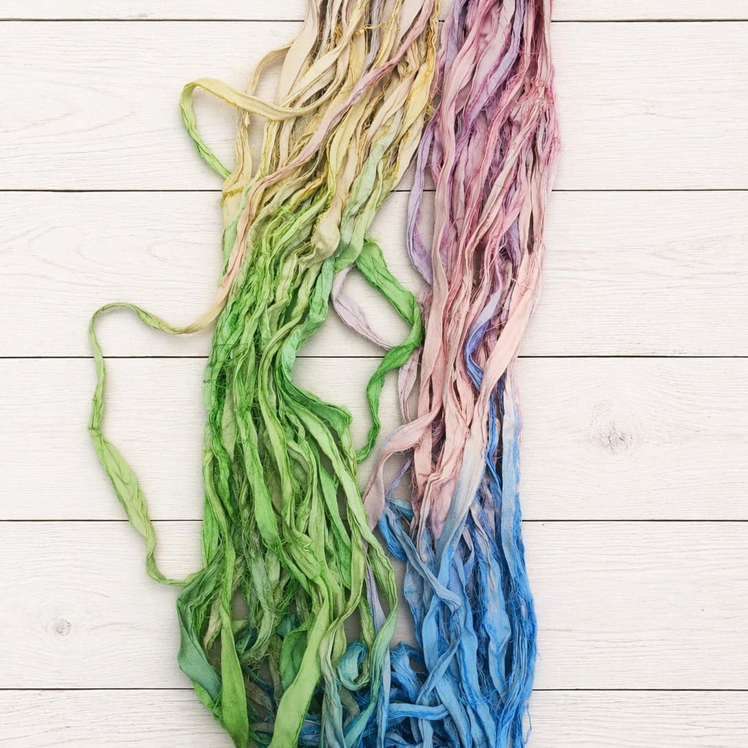 Draped Pastel Meadow recycled silk ribbon showing full color gradient