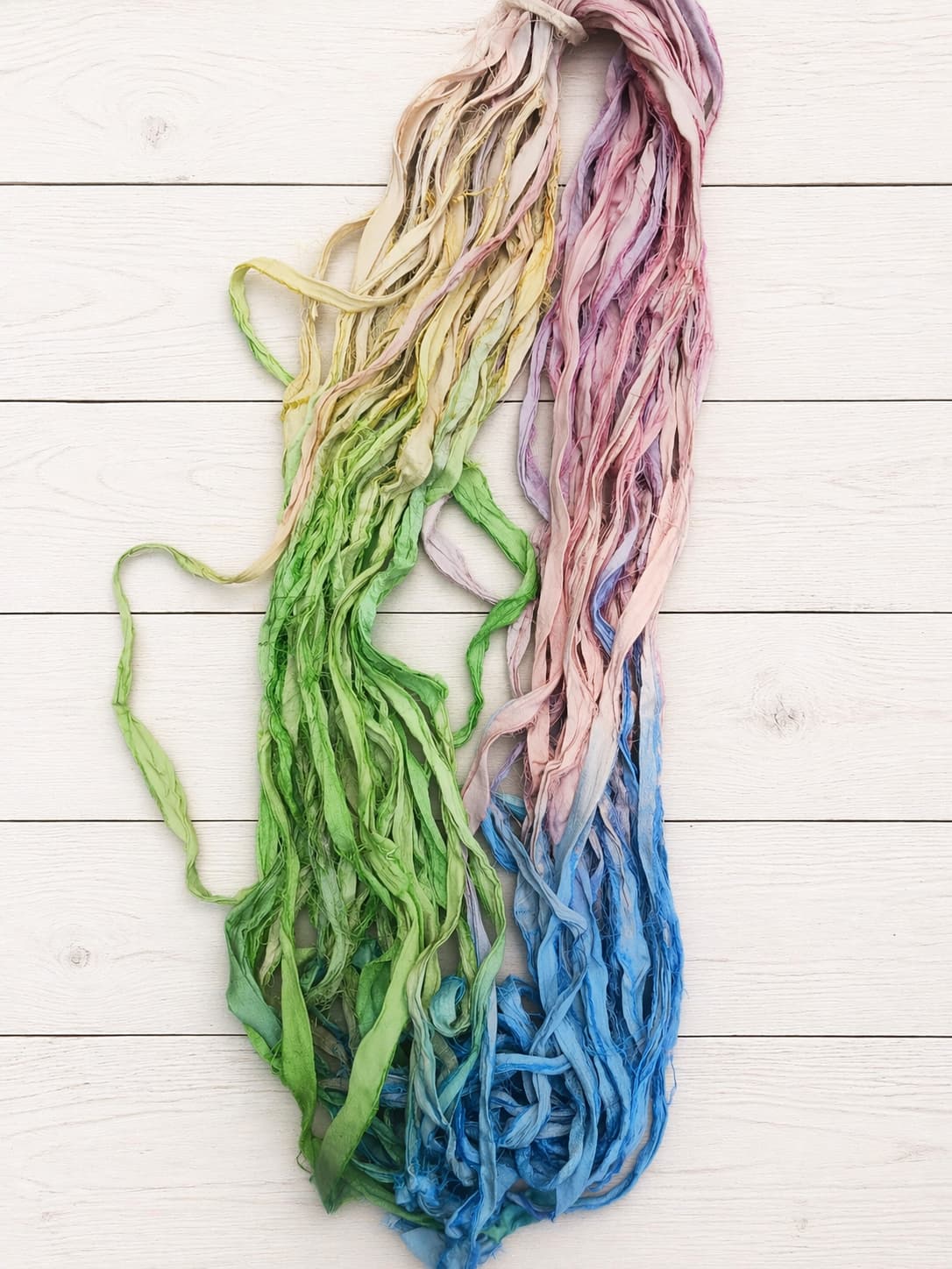 Draped Pastel Meadow recycled silk ribbon showing full color gradient