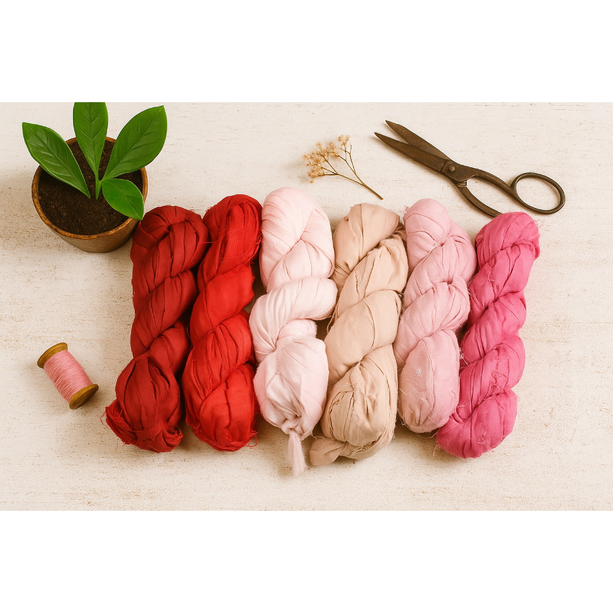 Assorted pink and red sari silk ribbon shades on a styled flatly