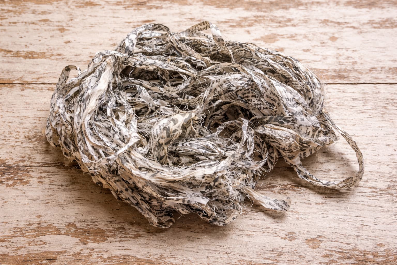 Long strands of newsprint sari silk ribbon made from reclaimed silk