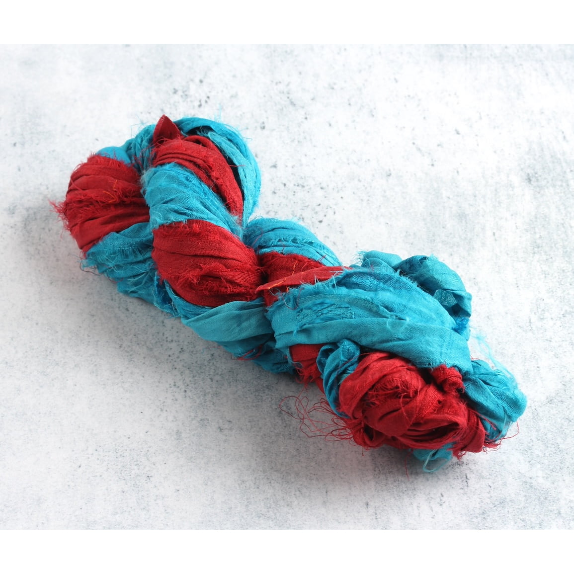 Turquoise and red sari silk ribbon skein made from recycled silk, 50g bundle for textile art and crafts