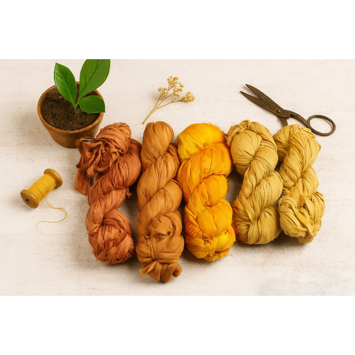 Assorted yellow and orange sari silk ribbon shades on flatlay display