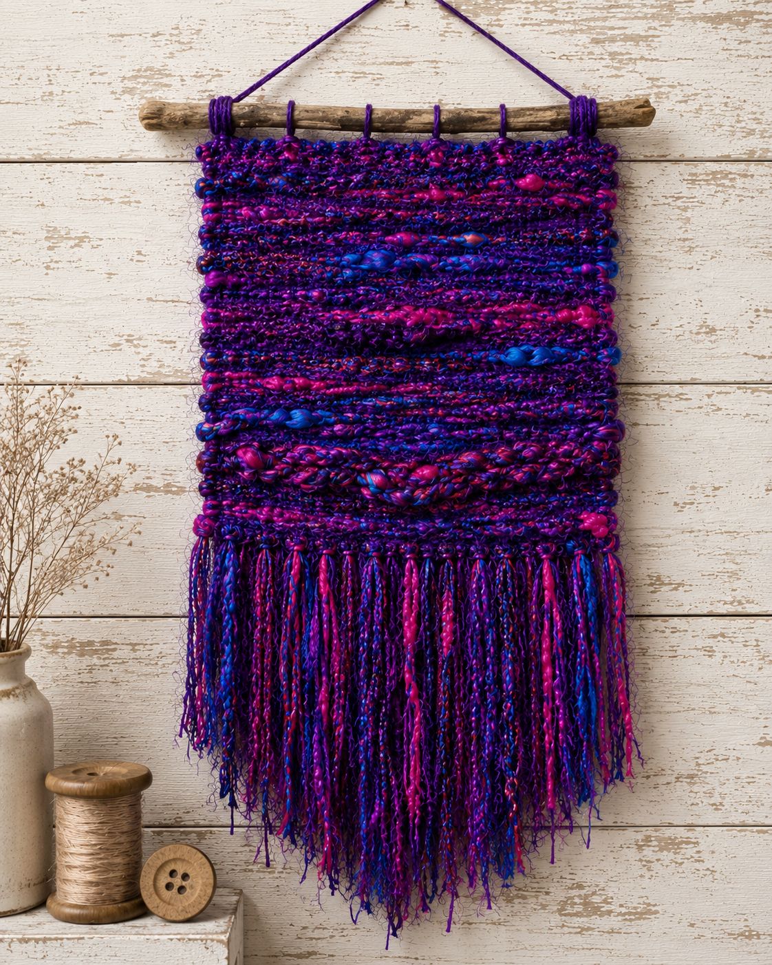 Woven wall hanging created using Jewel Tones recycled sari silk yarn in purple, pink and blue shades.