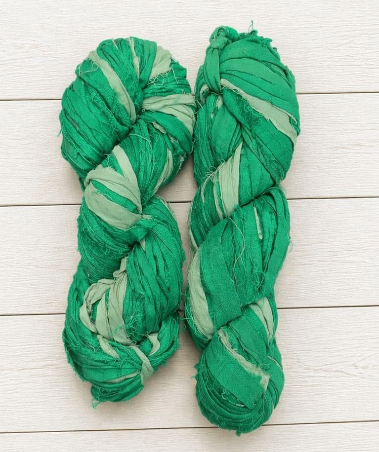 Spring Fern recycled sari silk ribbon yarn skeins in fern green and soft sage