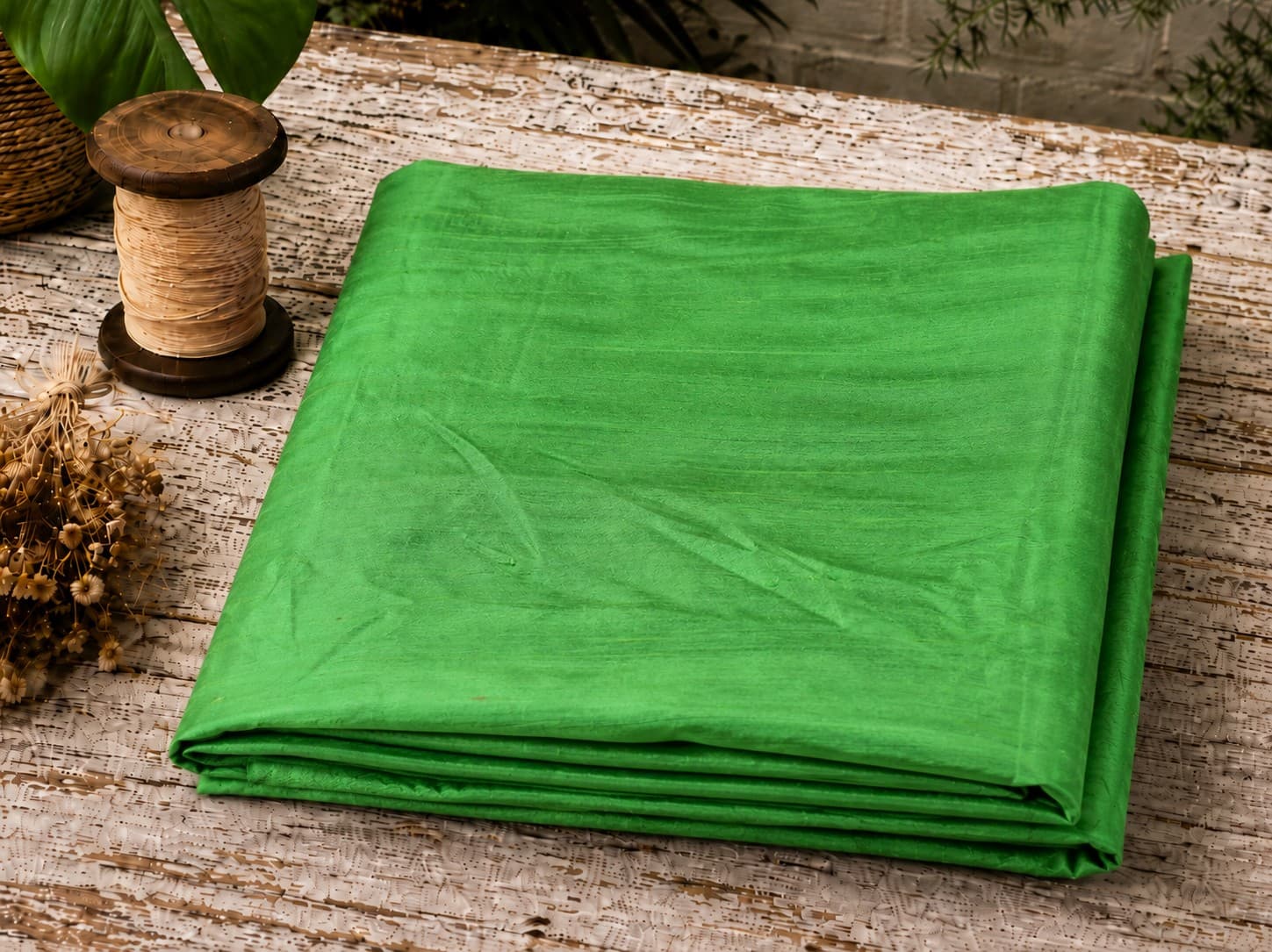 Spring Green Dupion Silk Fabric folded on a rustic wooden table showcasing vibrant green colour, natural silk sheen, and characteristic dupion texture