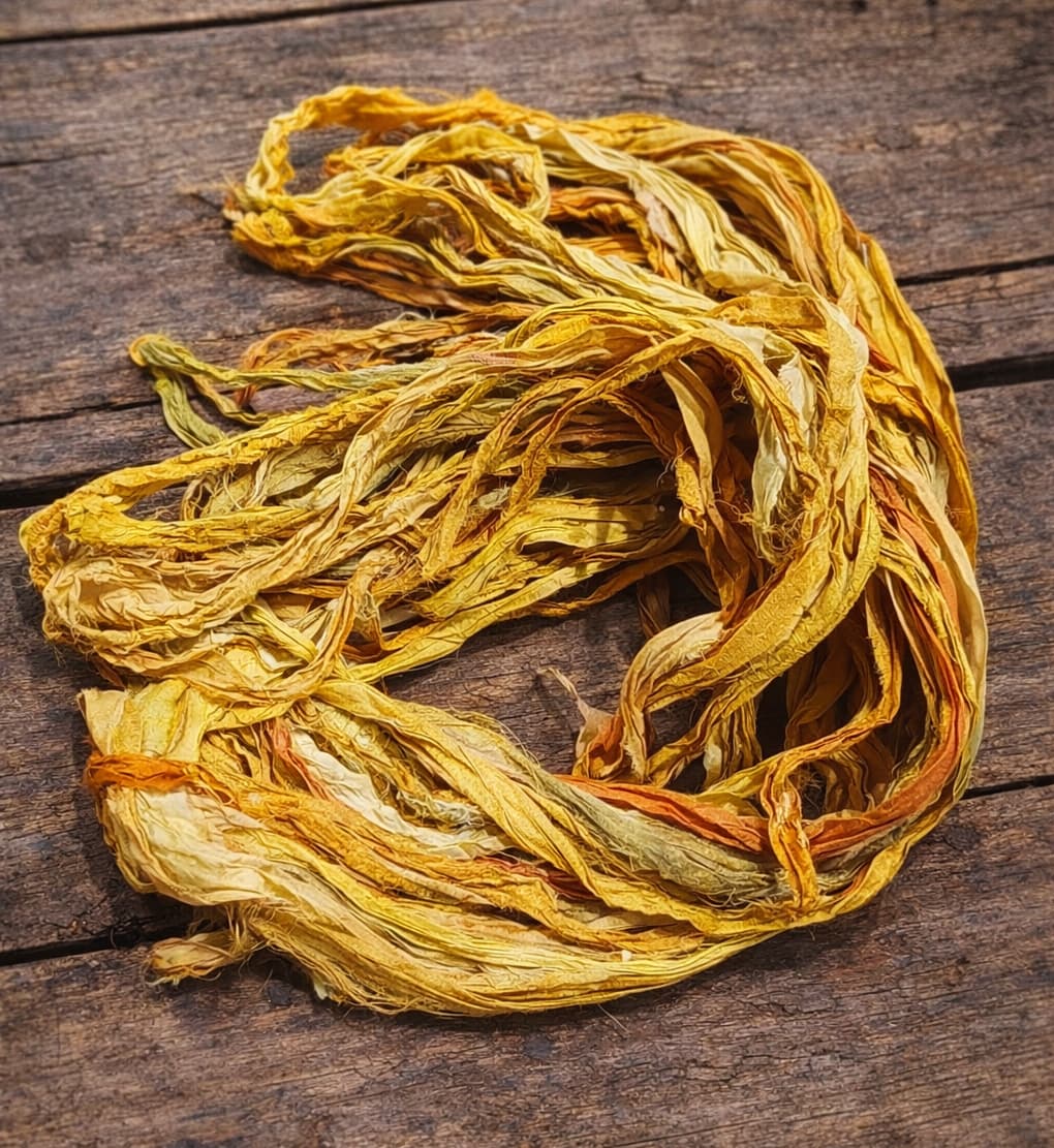 Loose Golden Harvest sari silk ribbon strips featuring layered mustard, amber and cream textile textures