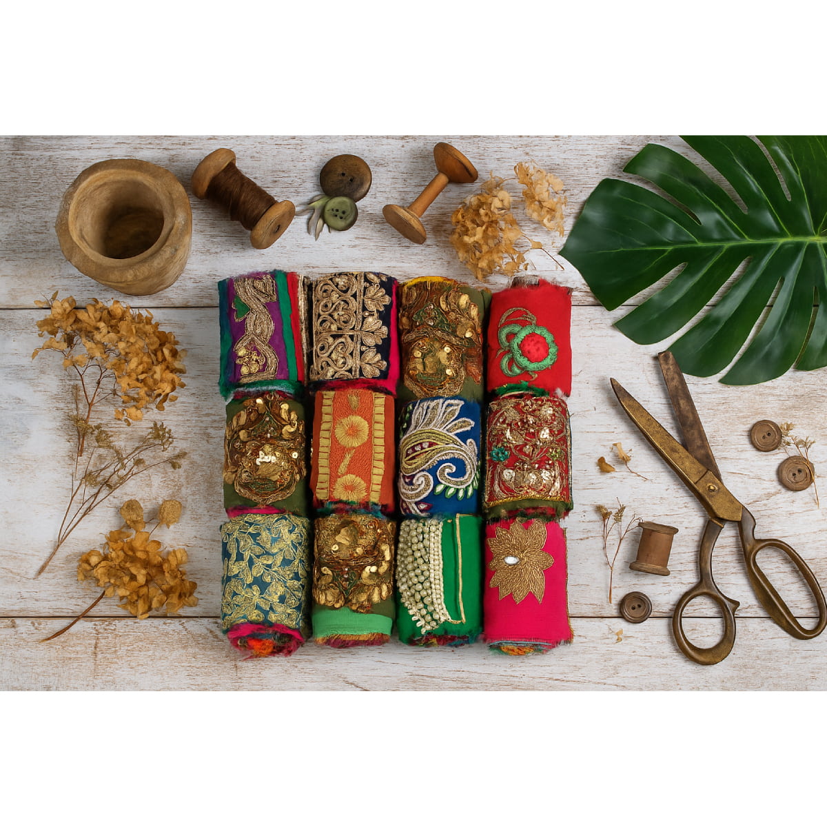 Flat lay of assorted embellished sari silk ribbons