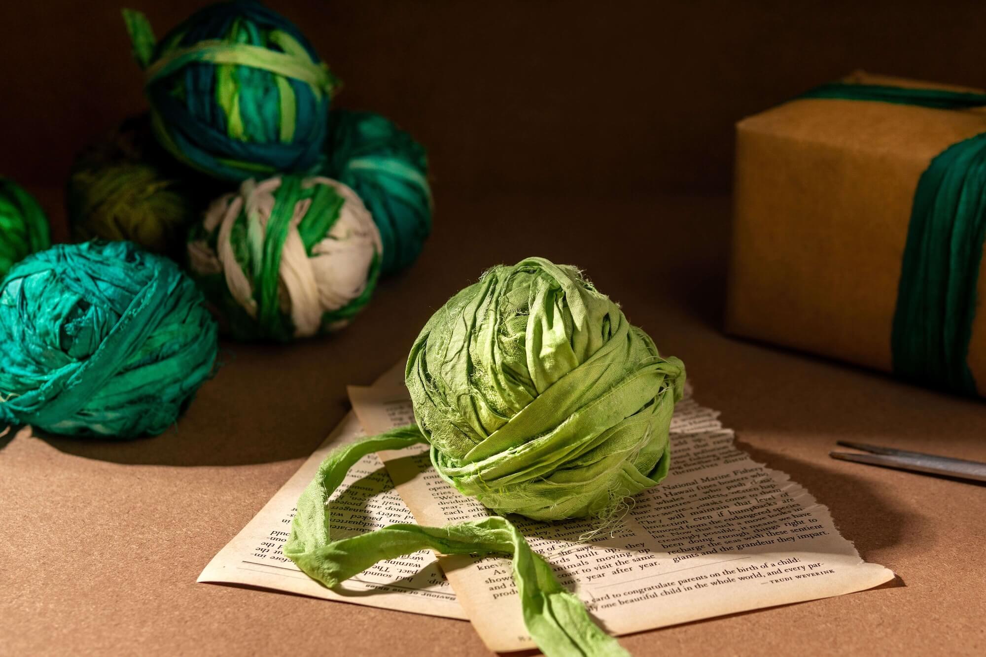 Handmade green sari silk ribbon