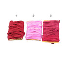 Dark red, lavender, and red sari silk ribbons 