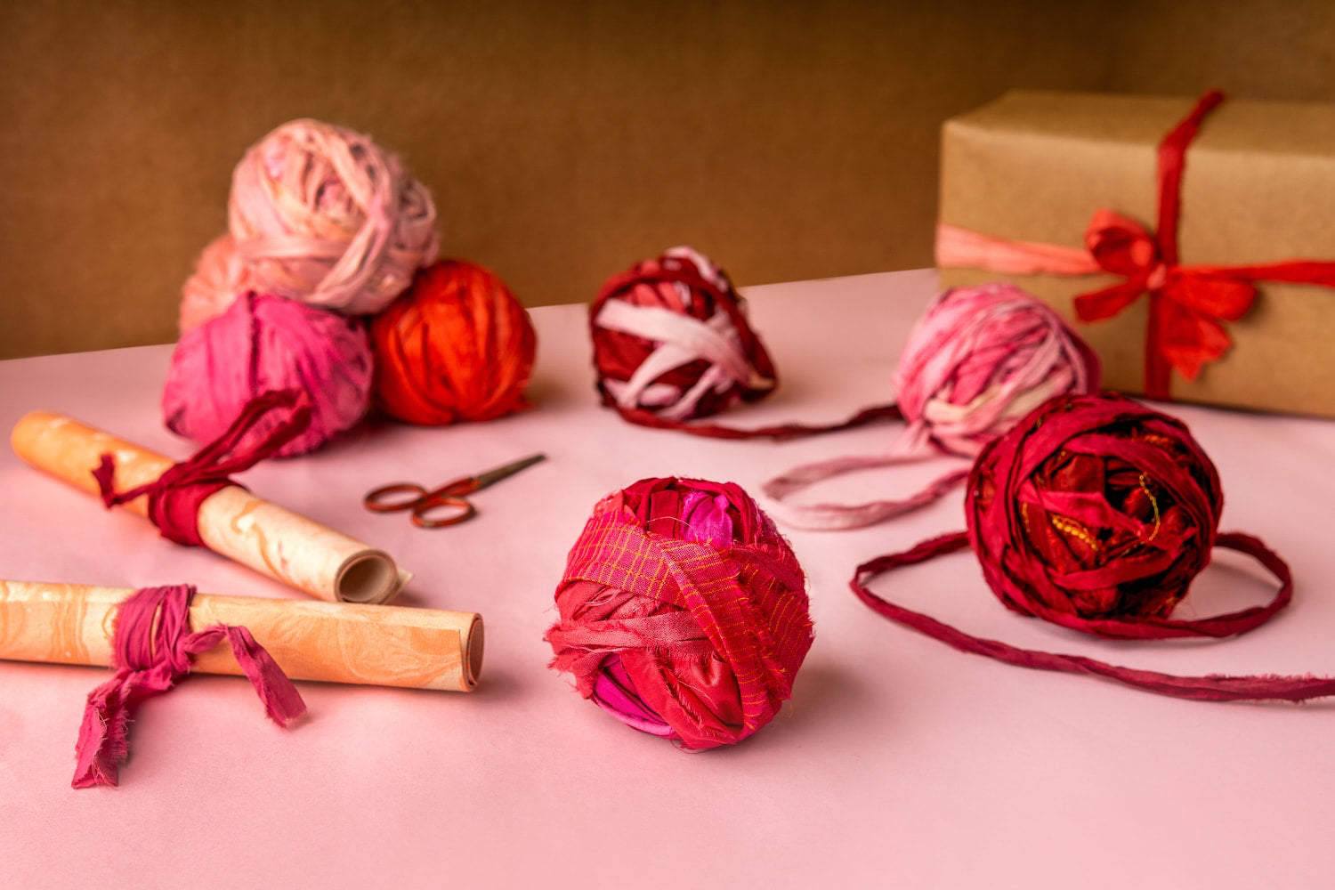 Pink and red sari silk ribbon set for crafts and DIY projects