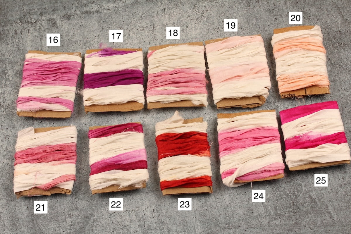 Dip dye sari silk ribbons in ivory and pink-red tones, vibrant hand-dyed shades