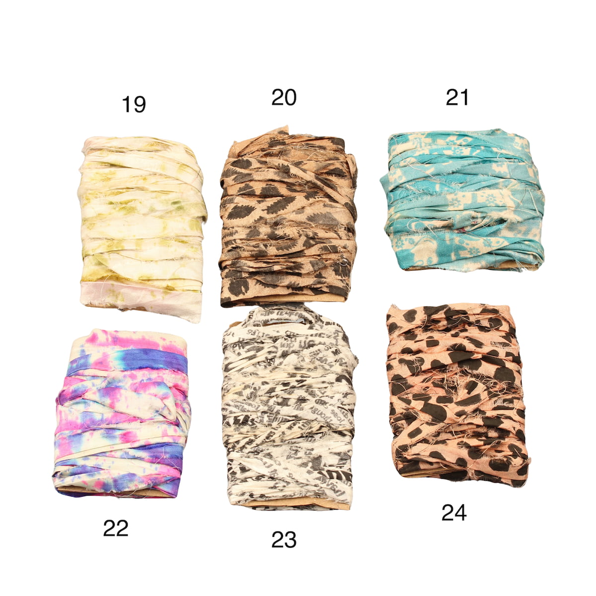 Mix of tie-dye and block-printed sari silk ribbons in assorted colors