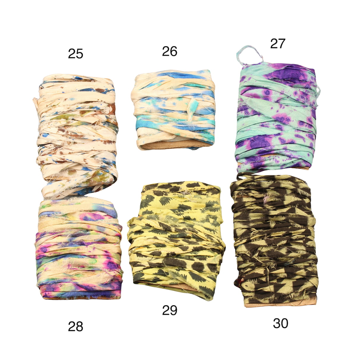 Vibrant tie-dye sari silk ribbons in multiple tones