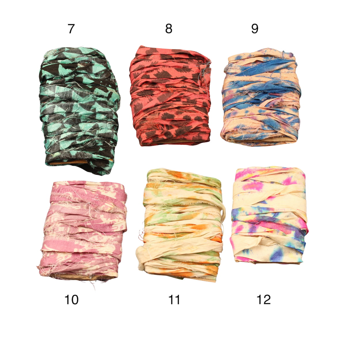 Various tie-dye sari silk ribbons in multiple colors