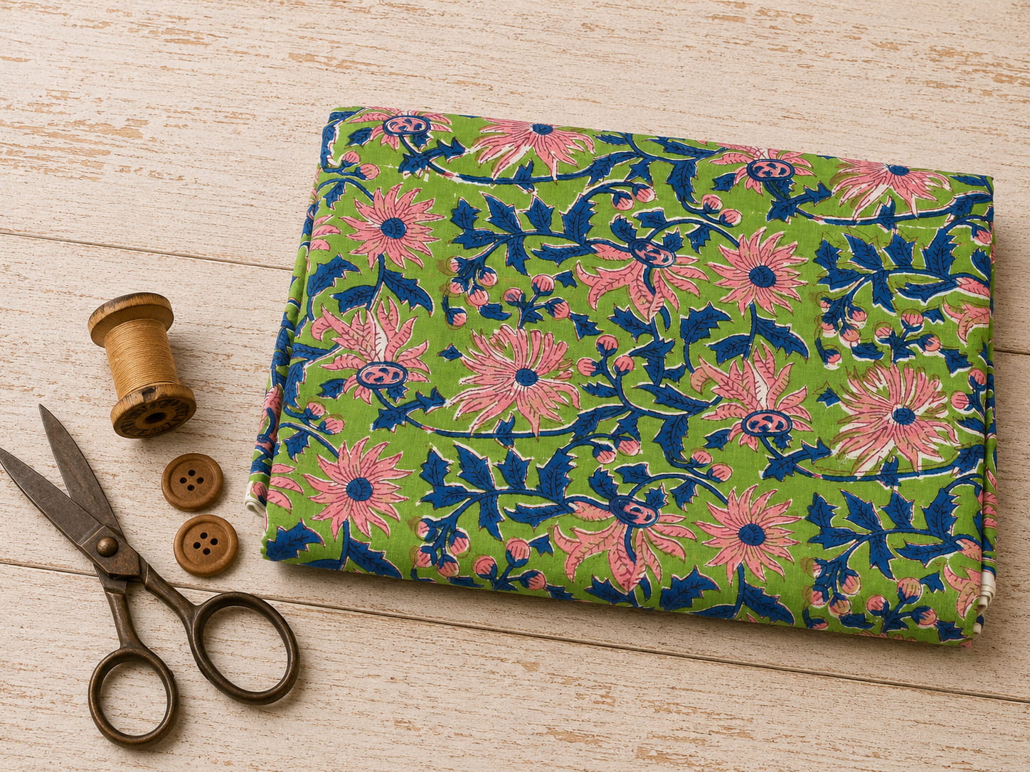Hand block printed cotton fabric with pink flowers and indigo foliage on an apple green background