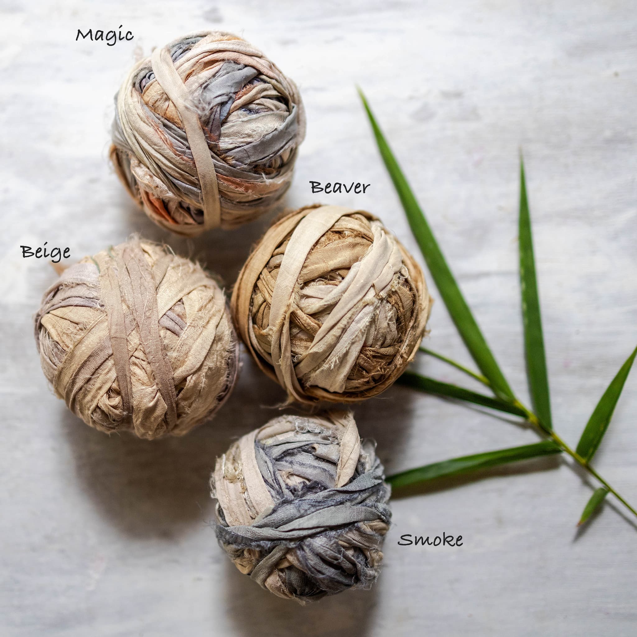 Assorted brown recycled Sari silk ribbon for handmade crafts and rustic packaging.