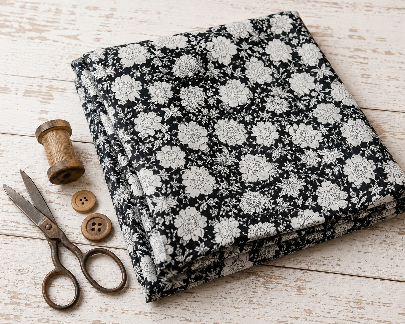 Black and white floral block printed cotton fabric folded for sewing and quilting projects